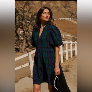 SUGARLIPS Hudson Plaid Jacey Babydoll Mini Dress XL NWT Navy Green Puff Sleeve